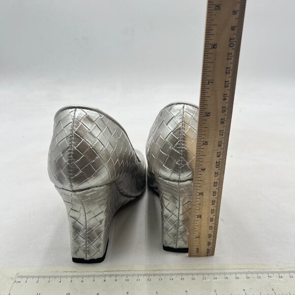 YDN Silver Braid Pumps Wedge High Heels Closed Square Toe Slip On Dressy Shoes - Picture 5 of 8